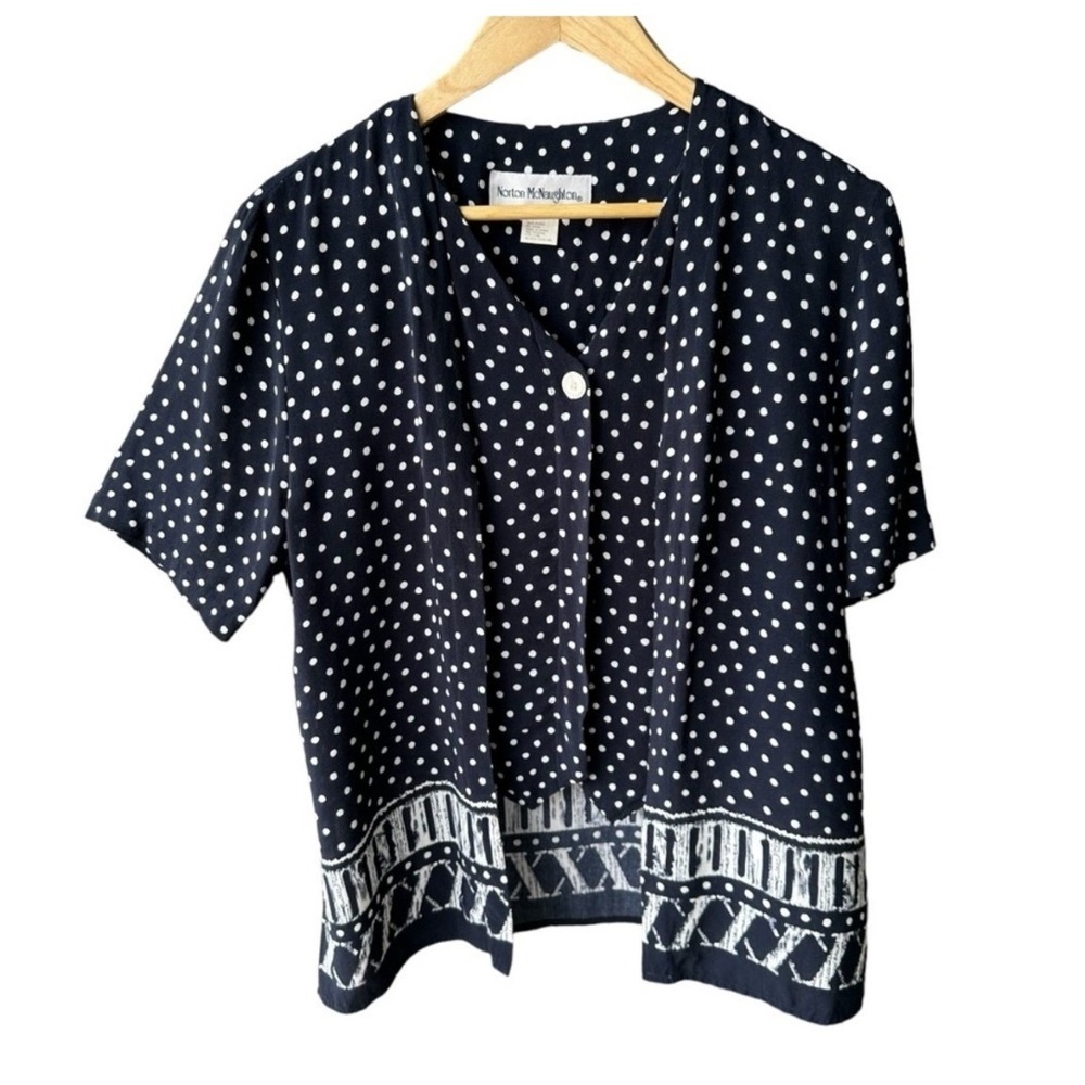 Norton McNaughton Blouse Top Navy Blue Polka Dot Button Front Short Sleeve Sz 8